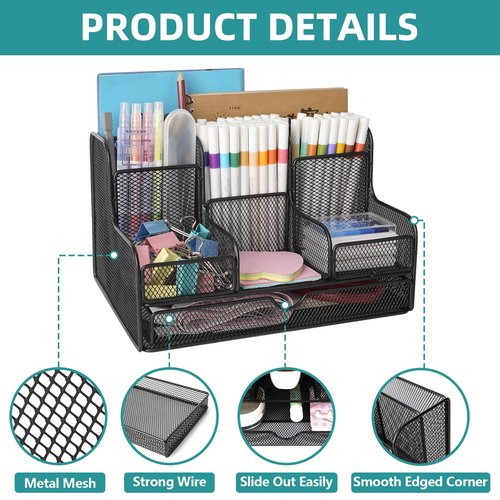 Essovee Black Mesh Desk Organizer Caddy and Accessories with 7 Compartments, Mesh Multifunctional Desktop Accessories Organizers Office Supplies Desktop Organizer for Home, Office