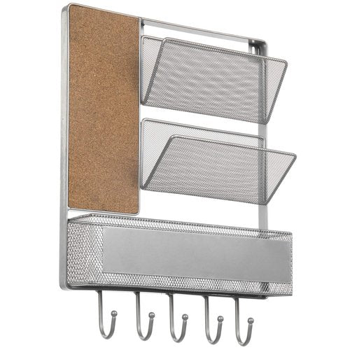 MyGift 16 x 12 Inch Wall Mounted Silver Tone Metal Office Organizer, Entryway Hanging 2 Slot Mail Sorter, Storage Bin Basket, Small Corkboard, and 5 Hook Key Holder