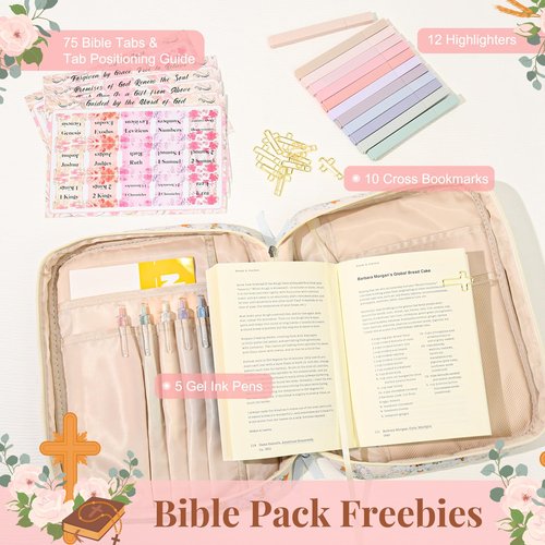 Bible Cover Case for Women Large Bible Cover Bag Bible Study Supplies Bible Journaling Kit Book Carrying Case with Bible Highlighters Christian Gifts for Women