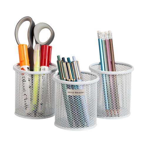 Mind Reader Pen and Accessories Holder, Desktop Organizer, Office, Metal Mesh, 3.5" L x 3.5" W x 3.75" H, Set of 3, White