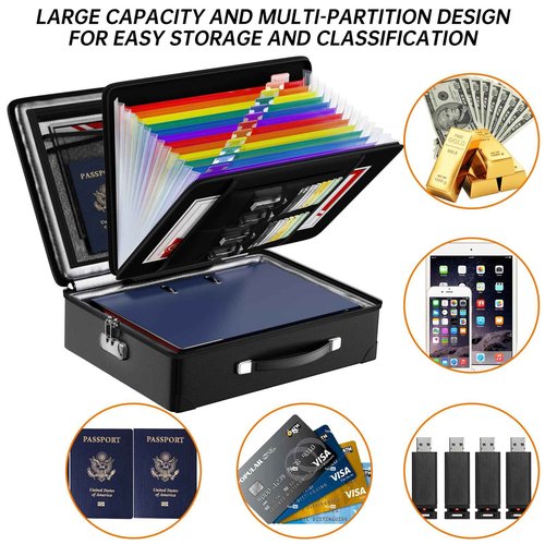 Fireproof Document Box with Fireproof Zipper, Hard Fireproof Safe Case with Lock, Fireproof Water Resistant Safe Box with Accordion File Organizer for Important Documents, Valuables, Laptop, Black