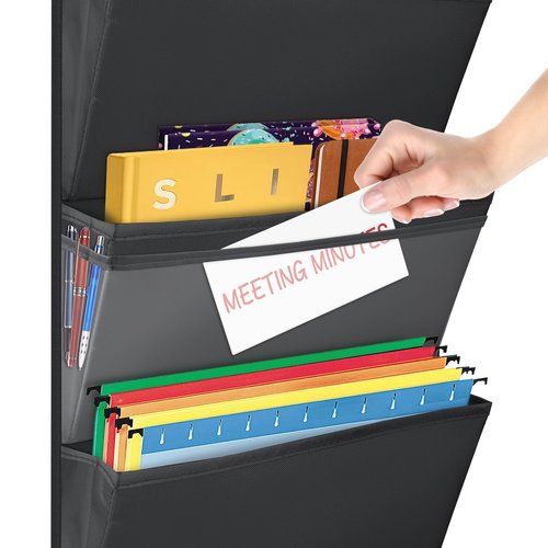 Godery Sustainable Office Storage Pocket, Cascading Wall File Organizer, 6 Pockets, Letter Size, File Folder Holders for Classroom, Office, School and Home, 45" H x 13" W - Black