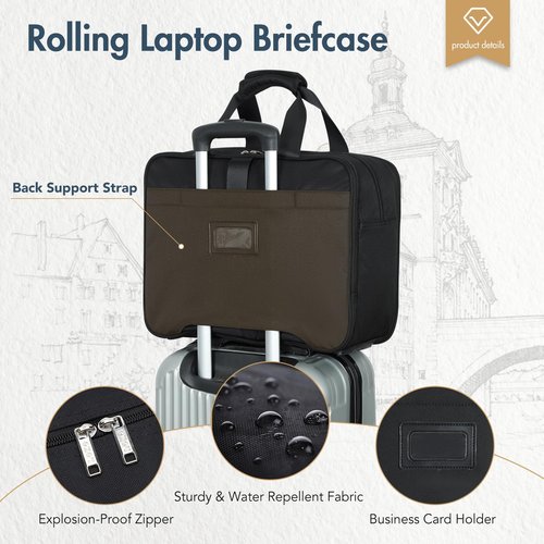 Lekebobor Rolling Laptop Bag - Rolling Laptop Briefcase on Wheels for Women/Men Fits Up to 15.6Inch, Water Resistant for Travel Work and Business (Black)