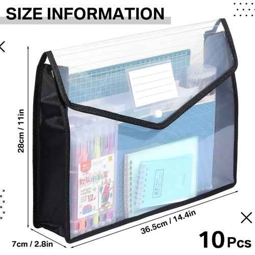10 Pieces Plastic File Folders Envelope Expanding File Wallet Organizer Documents Folder with Snap Closure and Pocket B4 Waterproof Transparent Pouch for School Office(Black,Horizontal)