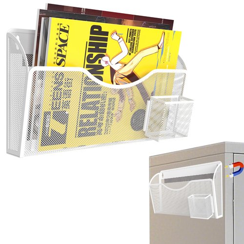 Magnetic File Holder 1 Pockets File Folder Organizer with Pen Holder, Office Hanging Magazine Rack for File Cabinets, Magnetic Paper Holder, No Drilling Mail Organizer for Refrigerator, Office (White)