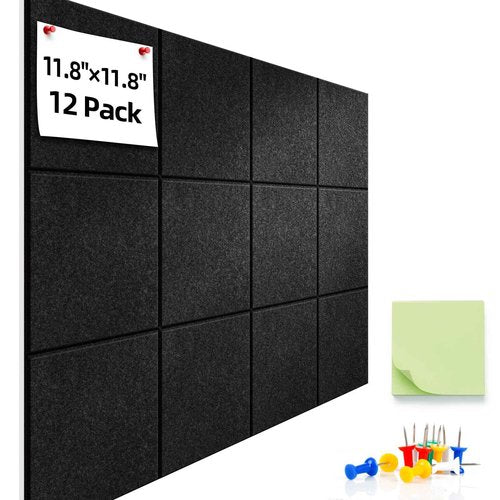 URMMIY Large Cork Board for Walls - 12 Pack Black Felt Wall Tiles with Safe Removable Adhesive Tabs for Office Pin Board, Tack Board, 47"x35", Includes Push Pins & Sticky Tabs (Black, 12 Pack)