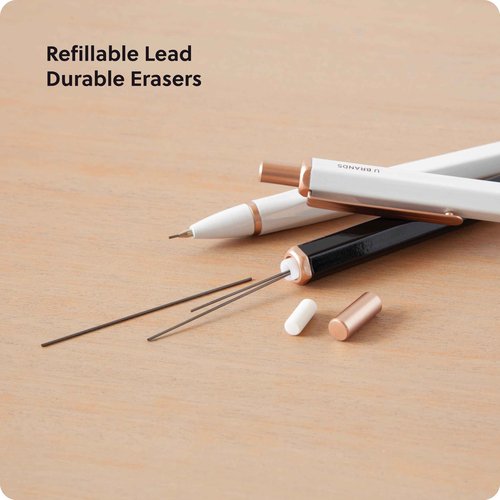 U Brands Cambria Mechanical Pencils, Set of 12, White and Black, Rose Gold Details, Medium (0.7 mm) Point, Lead and Eraser Refills