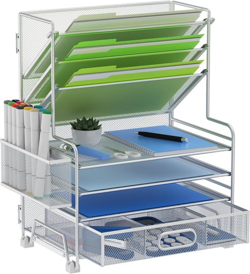 MINDEPOT 4-Tier Paper Organizer - Desktop File Holder with Drawer & Pen Holders | Silver Finish for Office & Classroom