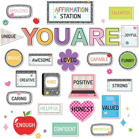 Whaline 27Pcs Colorful Affirmation Bulletin Board Set - Motivational Cut-Outs for Classroom Decor