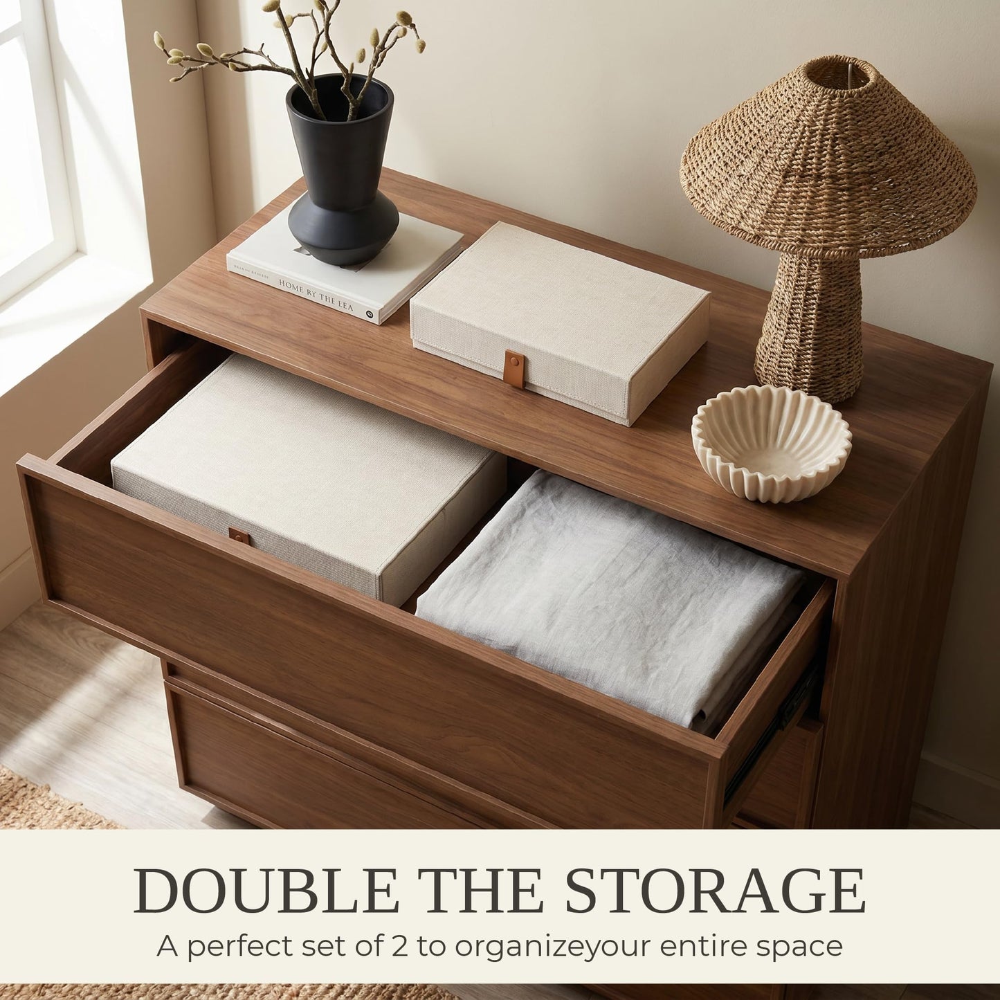 Decorative Photo Storage Boxes with Lids - Set of 2 Beautiful Linen Organizers Are Perfect to Safely Store Your Pictures, Documents, Scrapbooking Supplies, Keepsakes and Other Memories in Style