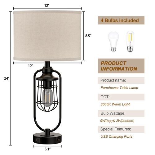 SRJJRS 24" Farmhouse Table Lamps for Living Room Set of 2, Black Rustic Lamps for Night Stands with USB Ports, Industrial Bedside Lamp for Bedroom End Tables, Bulbs Included