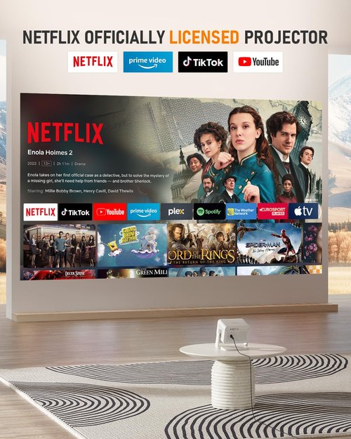 【Netflix Licensed & Auto focus Projector】VISSPL Smart Projector with WiFi and Bluetooth, Auto Focus & Keystone Protable Mini Projector with Stand, 4K Support Netflix Home Theater Projector White