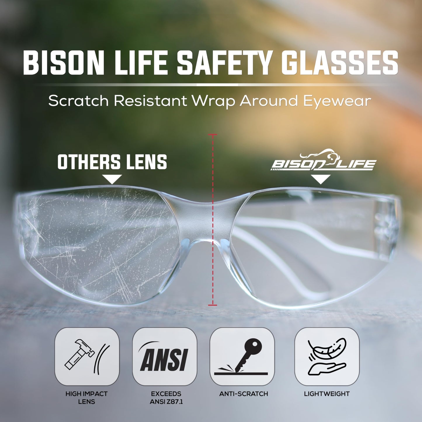 BISON LIFE Safety Glasses | 12 PAIRS with Clear UV Protection, Scratch Resistant, Wrap Around, Ballistic Impact Protected Lenses, One Size, Clear Lens Clear Temple, 12 per pack (1 pack)