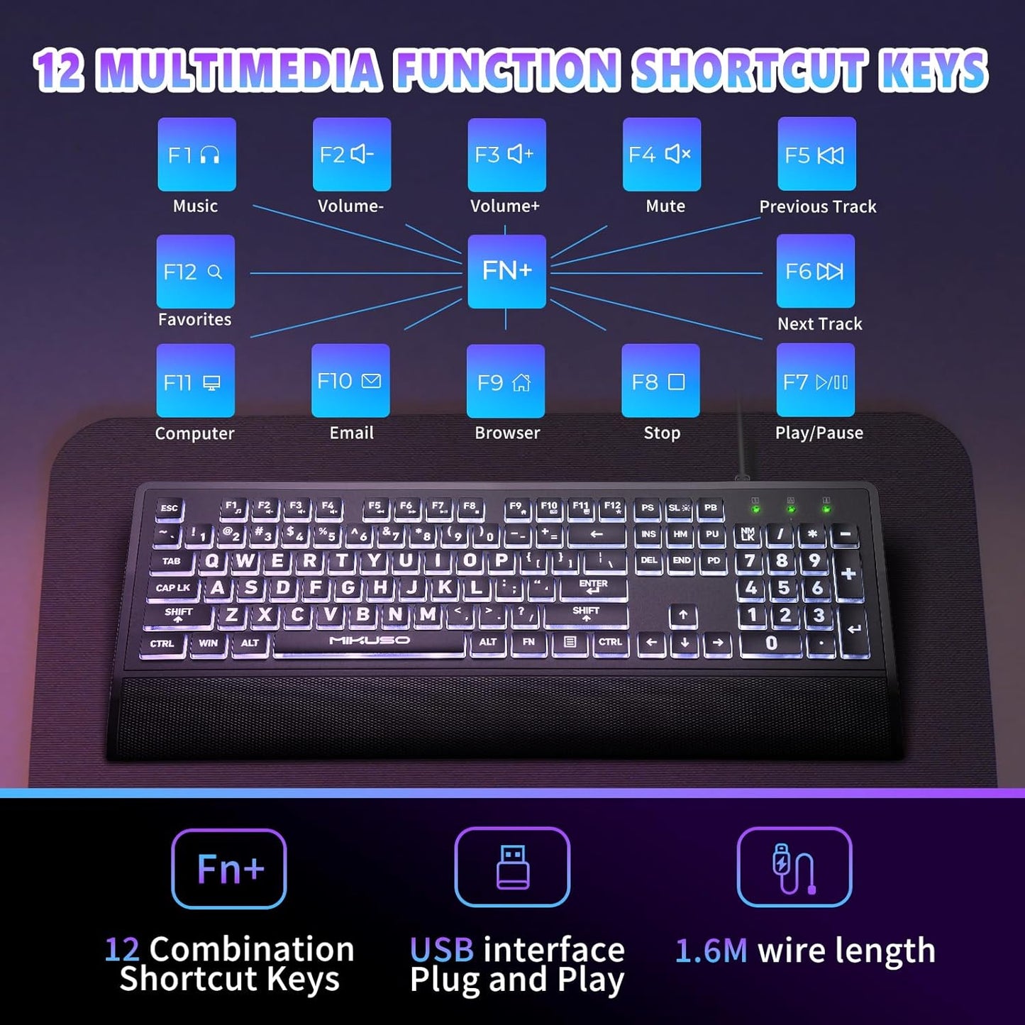 Skiennix Large Print Keyboard - High Contrast Black Keys with White Backlight | 104 Full Size for Low Vision