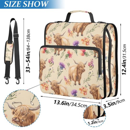 ALAZA Zipper Binder 3 Ring Highland Cow Flowers Binder Organizer with Zipper and Shoulder Strap Large Capacity Multi-Pocket Trapper Keeper File Folder for Office Supplies