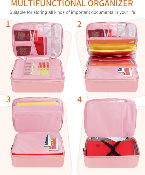 Noiposi Document Organizer - Waterproof & Fireproof Storage Box with 7 Pockets | Portable Pink Case