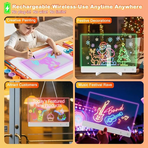 Lumi Rechargeable LED Drawing Board - Large 15.8"x11.9" Acrylic Dry Erase Board with 12 Markers & 7 Colors | Perfect for Gifts