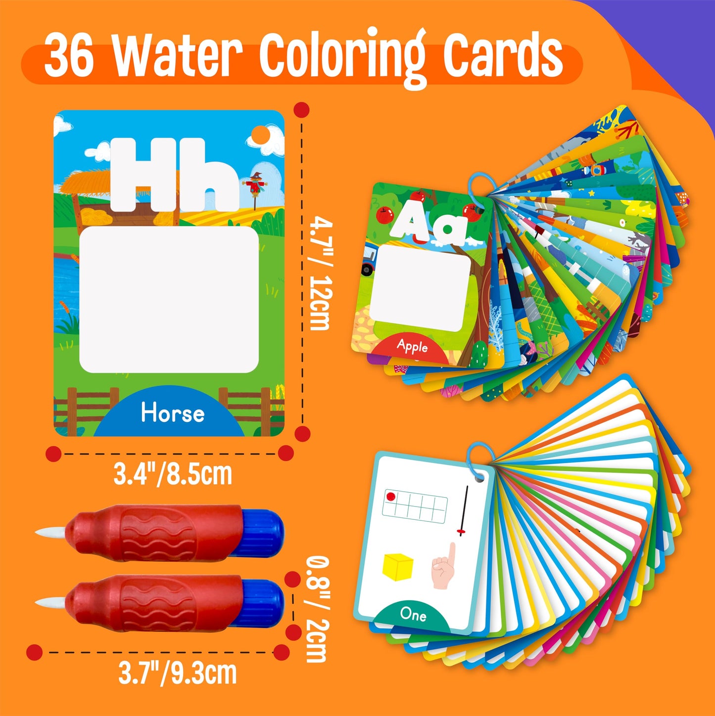 36 PCS Alphabet & Number Water Cards, Double-Sided Drawing Card- Letters ABC, Numbers 123, First Words, Early Learning Tool for Kids (2 Water Pens Included)