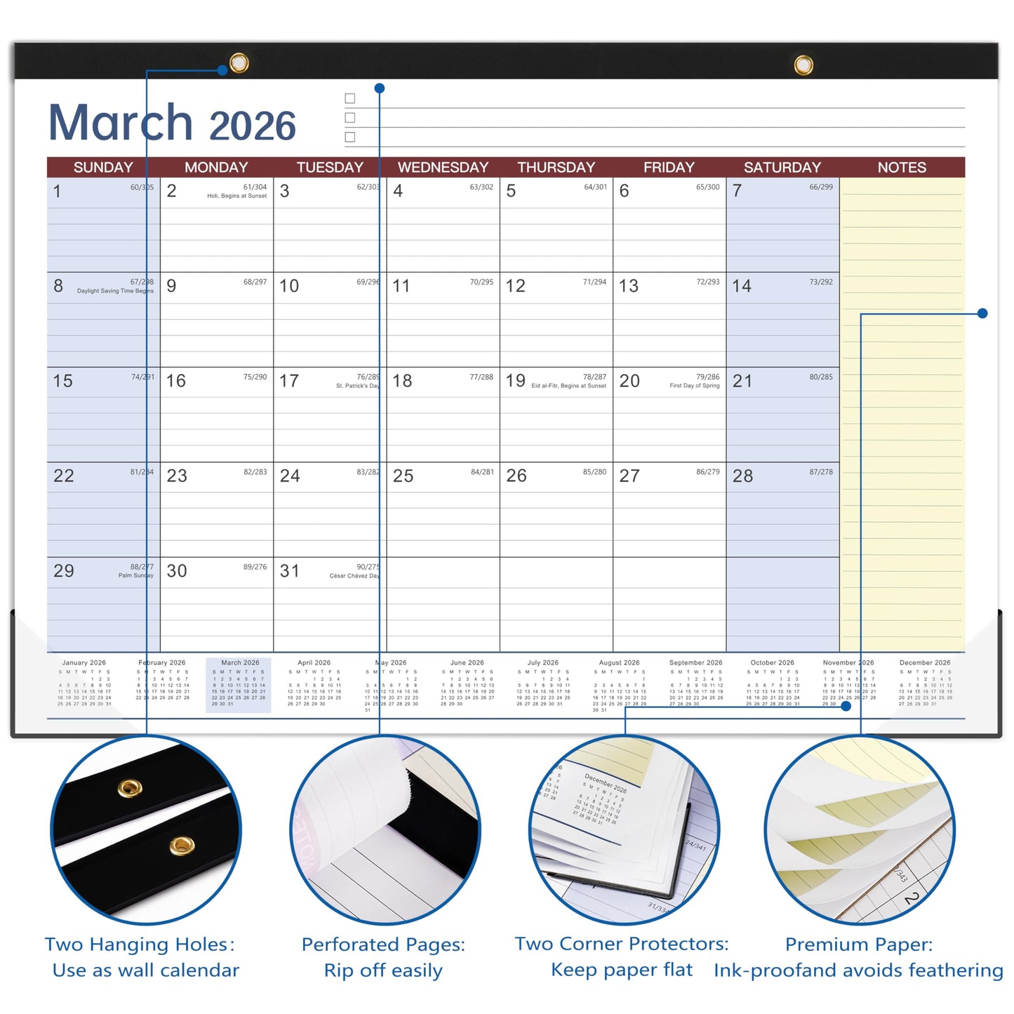 Desk Calendar 2026-2027 - 17" x 12" Desk Calendar 2026-2027, Mar. 2026 - Aug. 2027, Desk Pad Calendar, Desk/Wall Calendar 2-in-1 with Notes, Corner Protector, Blocks
