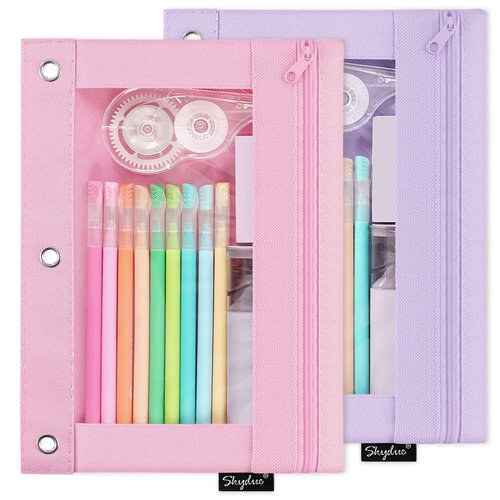 SKYDUE Pencil Pouch for 3 Ring Binder, Zipper Pencil Pouches for Girls Boys, Clear Window Pencil Case for Binder, Binder Pencil Pouch, Pencil Bag with Zipper,Pink & Purple
