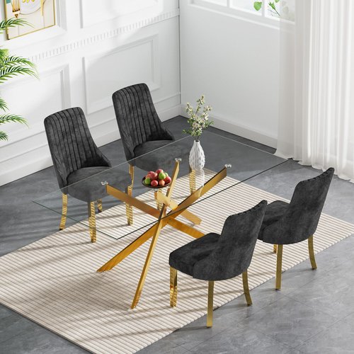 Rectangle Glass Dining Table Set for 4, 52'' Kitchen Table and Chairs Set, 5PCS Modern Dining Room Table Set with 4 Dining Chair for Home