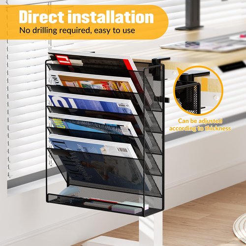 DESKORGA file organizer, TO BE FIXED WITHOUT DRILLING, A4 document holder and office supplies, storage, wall magazine holder, desk storage bannette, desk accessories (Black)
