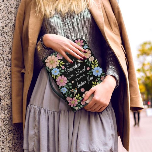 Leather Floral Bible Cover for Women & Girls - Portable Protective Bible Book Cover with Handles, Lightweight & Durable Bible Case with Zipper Closure, Very suitable for church use (black, large size)