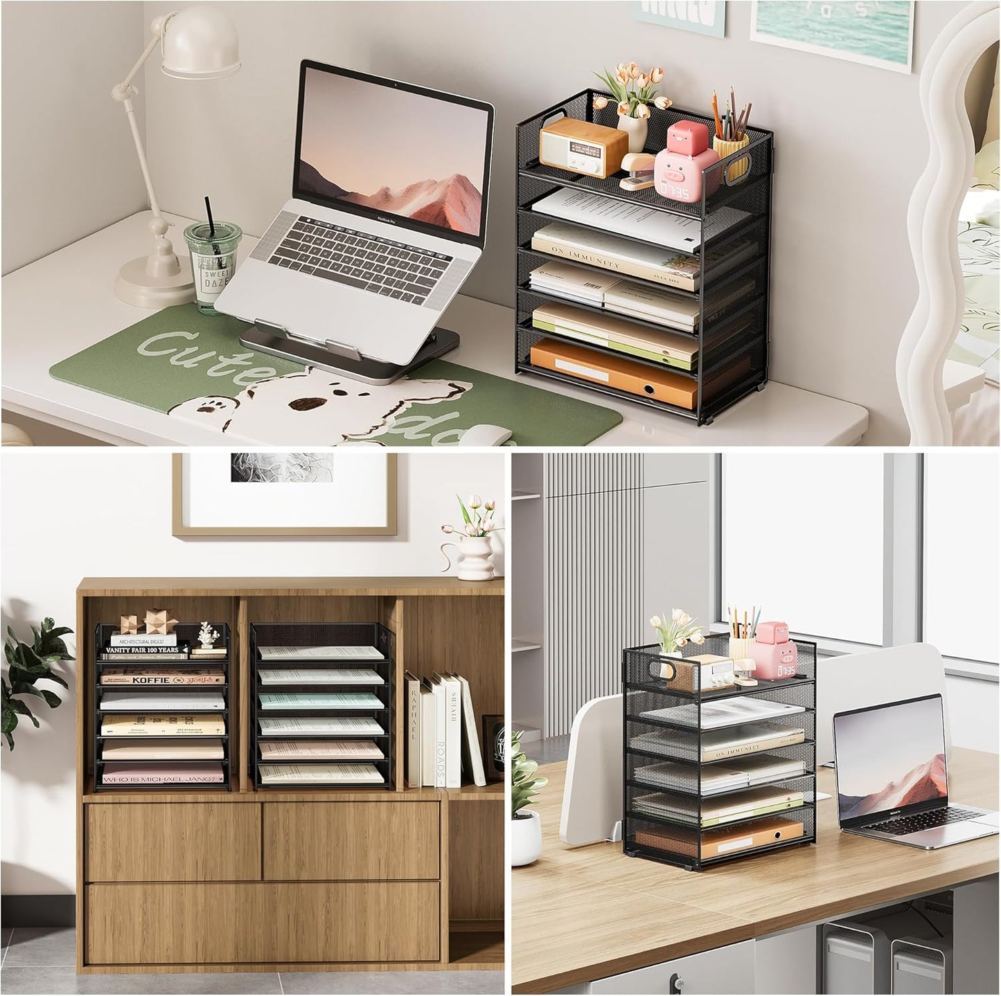 Subekyu Paper Tray Organizer - 2-Pack 6-Tier Black Mesh File Sorter with Handles for Office & Home Storage