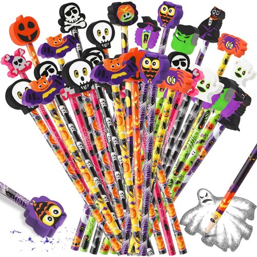 Hicarer 120 Pieces Halloween Pencils with Eraser Topper, Ghost Assortment Stationery for Kids, Students, Office, Classroom Supplies, Halloween Party Favors