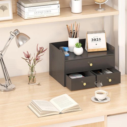 Bamboo Desk Organizer with Drawers Wooden Desktop Storage Drawers for Bills Office Supplies Kitchen Utensils Organizing Tool for Home Classroom Organization No Assembly (3 Drawers, Black)