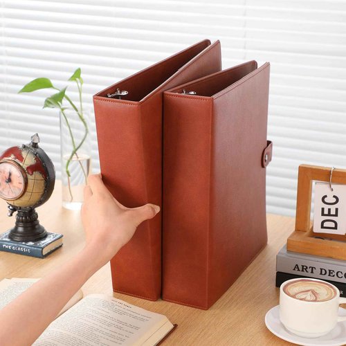 ReliThick 2 Pcs Leather 3 Ring Binder 2 Round Rings for 8.5 x11 Paper and Sheet Protectors Brown Binder Organizer Interior Pockets Snap Closure Letter Size