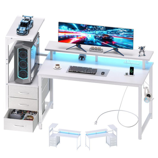 DUMOS L Shaped Gaming Desk with Shelves Storage Drawers 52'', White Computer Desks with LED Lights Power Outlets, Office Wood Table with PC Stand Cable Management for Bedroom Dual Monitor Streaming