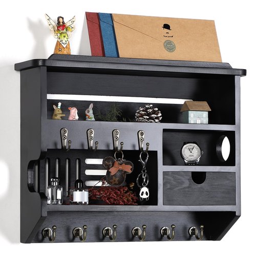DOPACE Key Holder for Wall, Mail and Key Holder, Mail Organizer Wall Mount with Storage Drawer and 10 Hooks, Easy Installation Keys Holder on Wall, Black