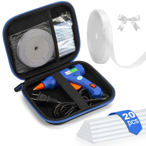 Hot Glue Gun Kit with 20 Glue Sticks and Double Faced White Ribbon, 3/8" x Continuous 25 Yards, Hard Shell Carrying Case, White Satin Ribbon Use for Bows Bouquet,Balloons,Gift Wrap,Floral Arrangement