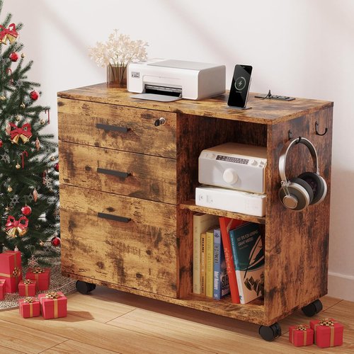 Skiennix 3 Drawer File Cabinet - Home Office Storage with USB Charging Port & Lockable Design