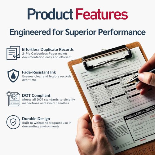 50 Pack 2-Ply Carbonless Record of Annual Inspection Forms with Inspection Decal, DOT Inspection Forms and Stickers, Shrink-Wrapped, 9.5" x 11", Meets 49 CFR 396.21 & 396.17(c)(2) - Made in The USA