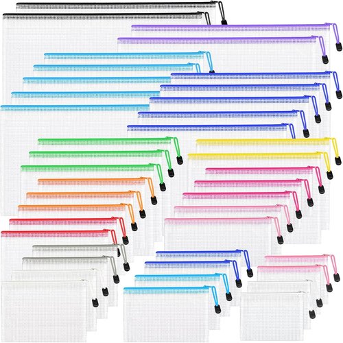 Skiennix 42-Piece Mesh Zipper Pouch Set - Waterproof Clear Storage Bags in 8 Sizes for Organizing Essentials