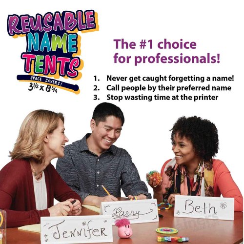 Trainers Warehouse Heavy Duty Premium Reusable Name Cards, White, Dry-Erase Tent, Space Saver, 8.75" x 3.5" (10)