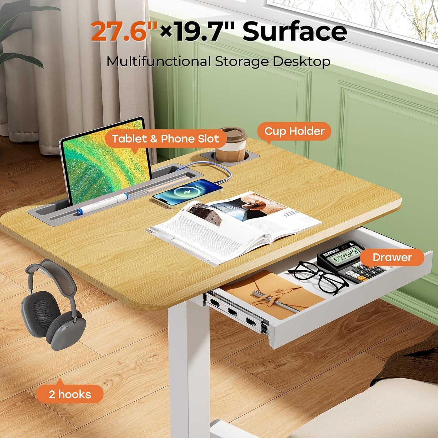 Skiennix Mobile Standing Desk - Height Adjustable Rolling Workstation with Drawer & Cup Holder | 28" Maple Finish