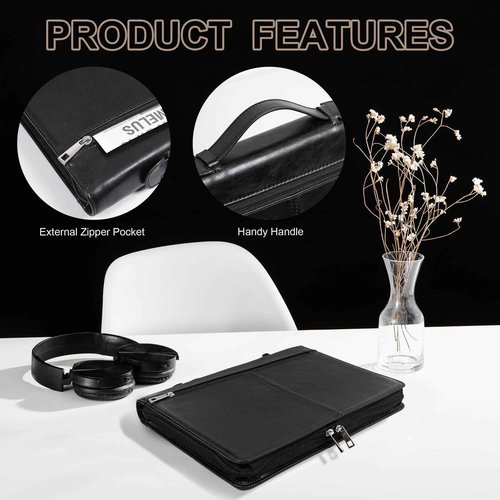 Calfinder Vegan Leather Padfolio with Zipper&Handle,Padfolios for Women&Men,Business Portfolio Organizer for Ipad,Notepad Folder with Phone Pocket and Card Holder,Portfolio Binder