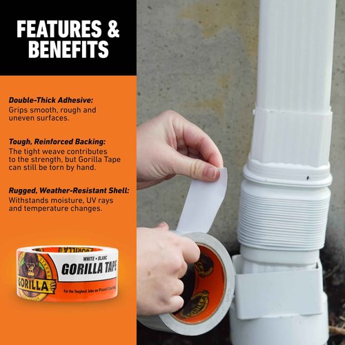 Gorilla Tape, White Duct Tape, 1.88" x 10 yd, White, (Pack of 6)