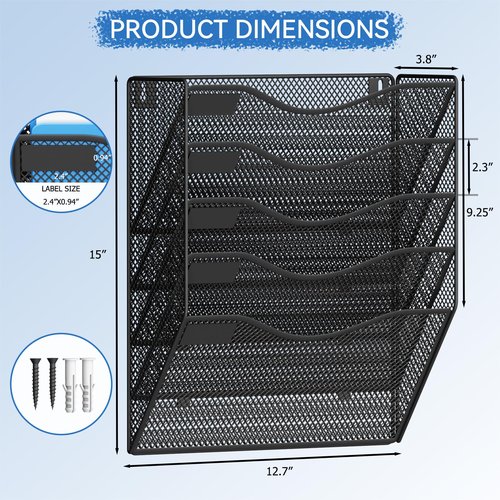 JessYo 5 Pocket Wall File Organizer Wall Mounted Mail Folder Paper Document Holder Clipboard Storage Organization Pocket Vertical Hanging Magazine Rack for Office Home School, Black