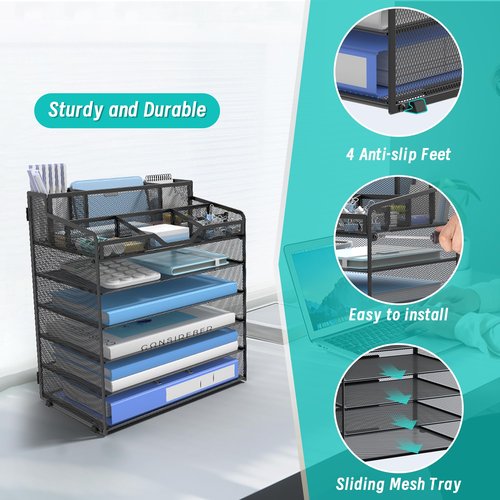 OrgMate 6 Tier Mesh Desk Organizer,Multi Functional Letter Paper Tray with 3 Pen Holders and 5 Adjustable Storage Compartments for Office Supplies Files and Mail Space Saving Desktop Organizer-Black