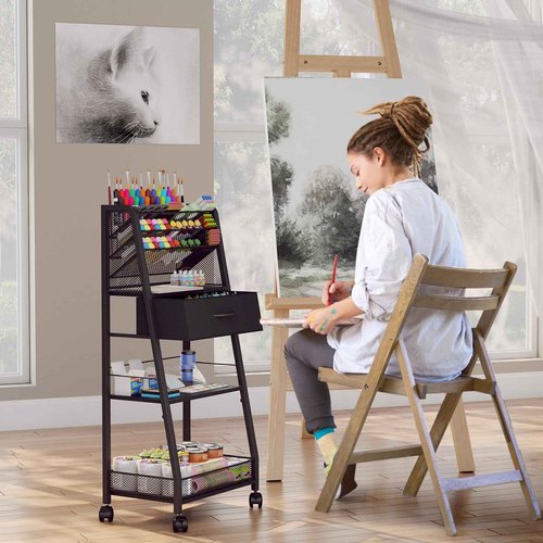 Homsorout 3 Tier Rolling Cart - Metal Utility Cart with Storage Drawer and Wheels, Versatile Art & Craft Organizer for Home, Office, or Studio - Ideal for Storing Brushes, Paints, and Supplies（Black）