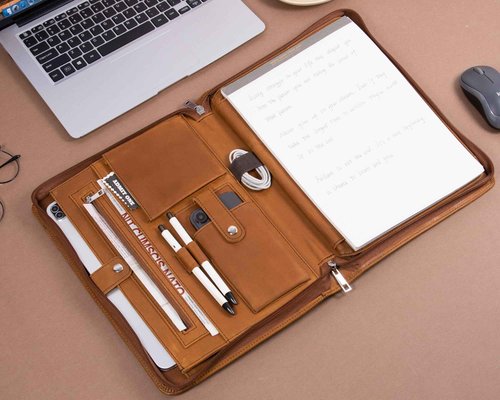 AZXCG Leather Padfolio, Business Portfolio for Men and Women, Interview Resume Folder, Business Genuine Leather Planner, Zippered Portfolio with Document Sleeve,Meeting Executive File with Pockets