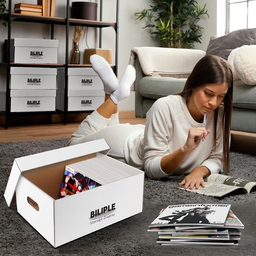 6 Pack Comic Book Storage Box, 15.8" X 7.2" X 10.7" Thick Cardboard Comic Long Box with Lids, Holds 150-175 Current/Silver Age Comics, Stackable Comics Books Bin Container Organizer Holder(White)