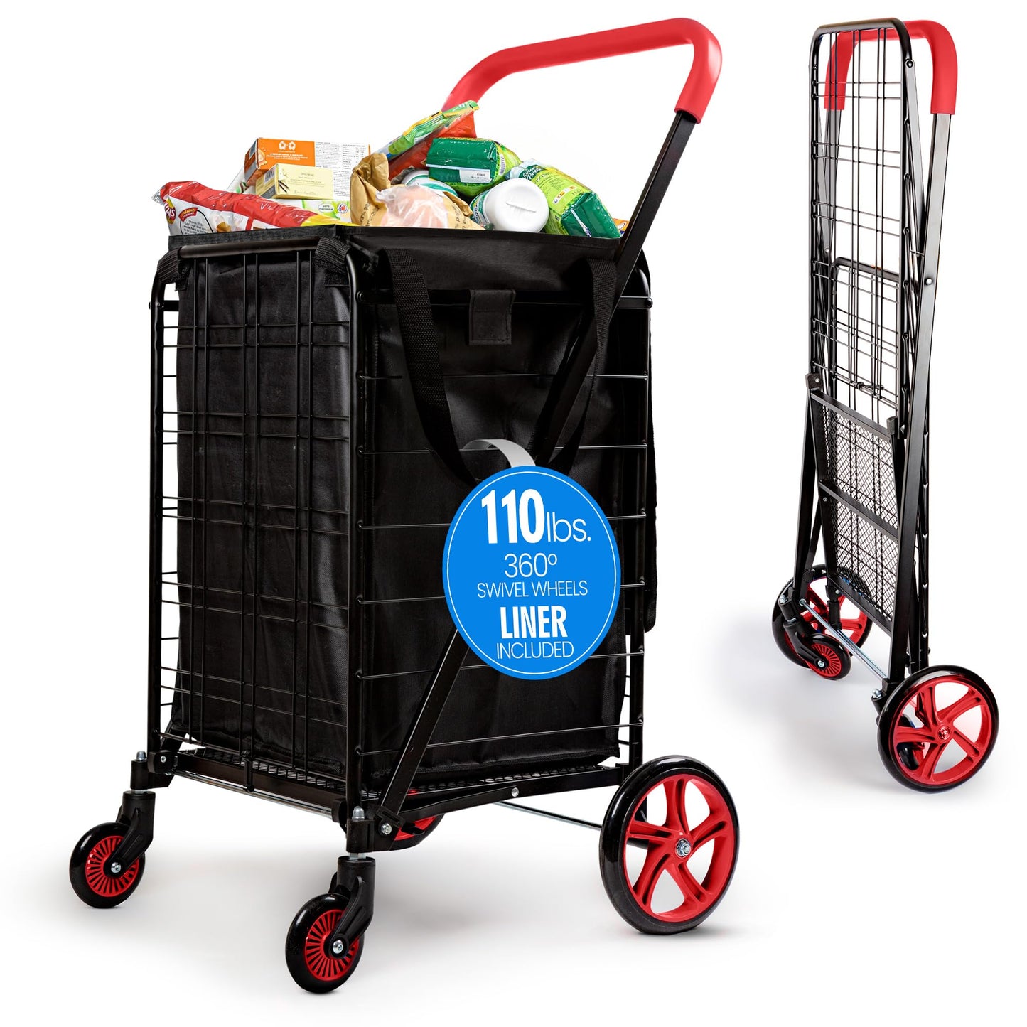 SereneLife Large Folding Utility Shopping Cart with Removable Liner – Heavy Duty, 360° Swivel Wheels, 110 lb Capacity, Portable for Groceries, Laundry, Luggage, and More (Red)