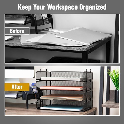 Mind Reader Stackable Paper Tray - Metal Mesh Desktop Organizer for Office | 4-Piece Set in Black