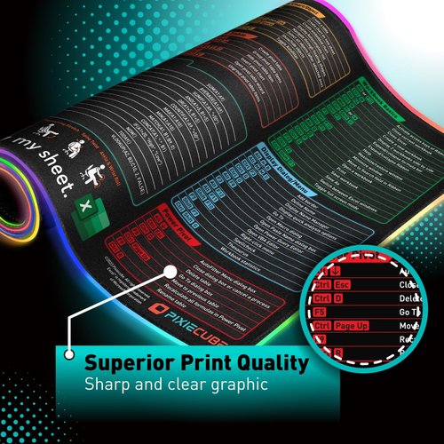 Excel Shortcut Keys LED Mouse Pad - Colorful RGB Luminous Extended Large Cheat Sheet Gaming Mousepad| PC Office Spreadsheet Keyboard Mat| Non-Slip Stitched Edge