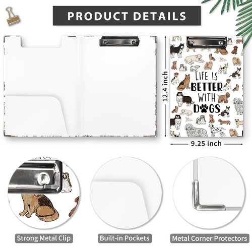 QLMX Dog Animal Clipboard Folio with Storage, Cute Dogs Decorative Clipboard Folder, Puppy Dog Clipboards for Women Kids, Life is Better with Dogs Gifts Office School Supplies, 12.4x9.2In